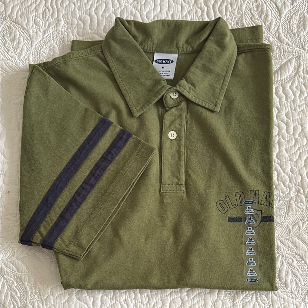 NEW! Old Navy Classic Green Polo Shirt with Striped Sleeves